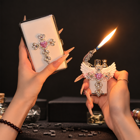 Angel Wings Pink Heart Cross Case & Lighter Set